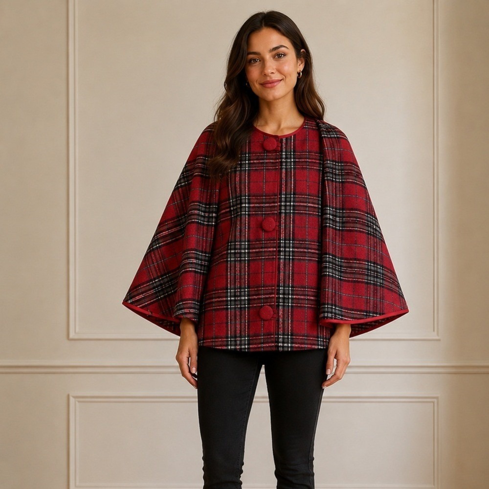 Vintage Womens Cape shawl Wool blend Plaid Red Holiday Cottagecore Retro